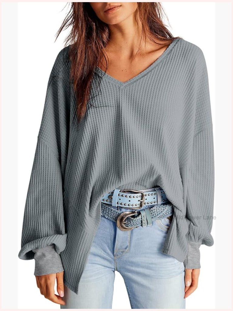 Waffle Knit V-Neck Tunic Blouse Long Lantern Sleeve Oversized Top